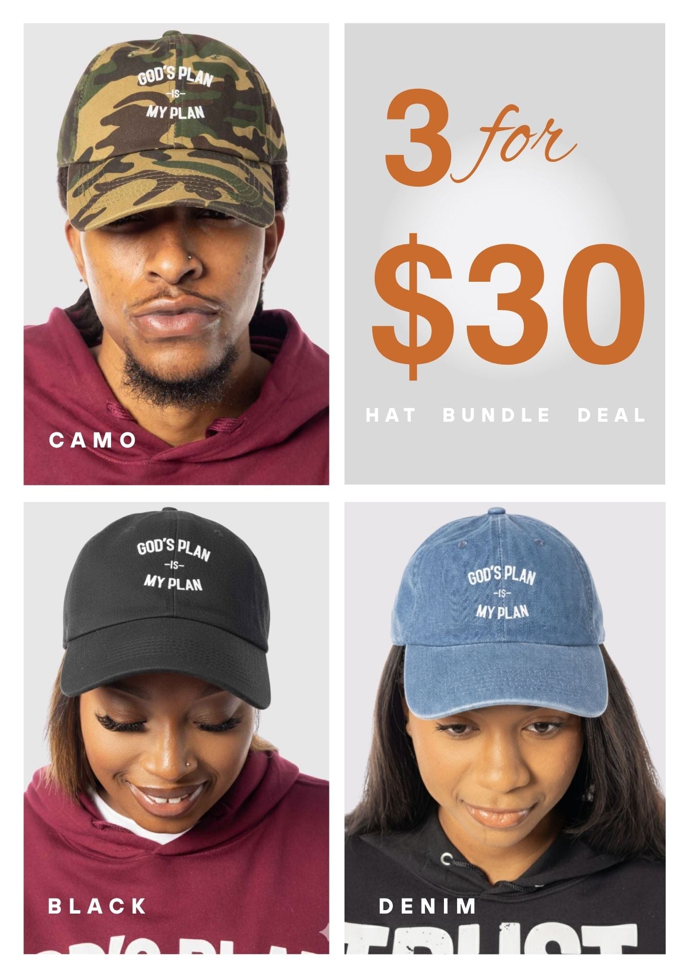 Three hats in different colors with text 'GOD'S PLAN IS MY PLAN' and promotional text '3 for $30'., 3 FOR $30 hats, christian hats, christian apparel, christian hoodies, christian jewelry, Used By God, Used By God Clothing