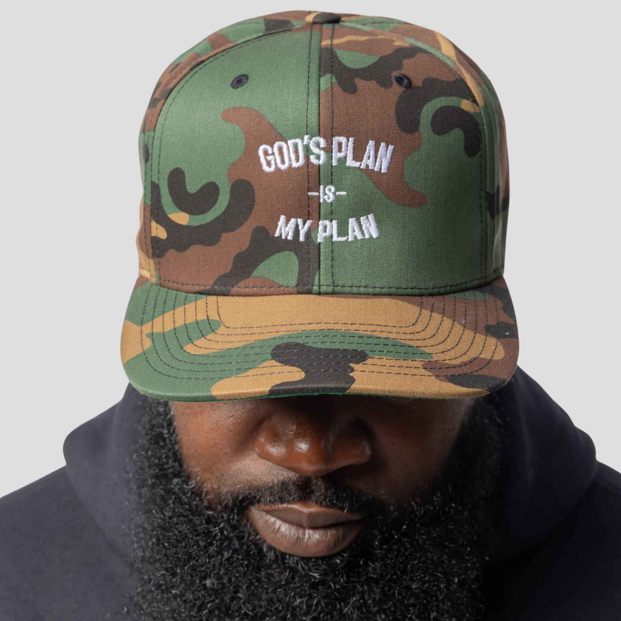 God's Plan My Plan Camo Snapback Hat (White)