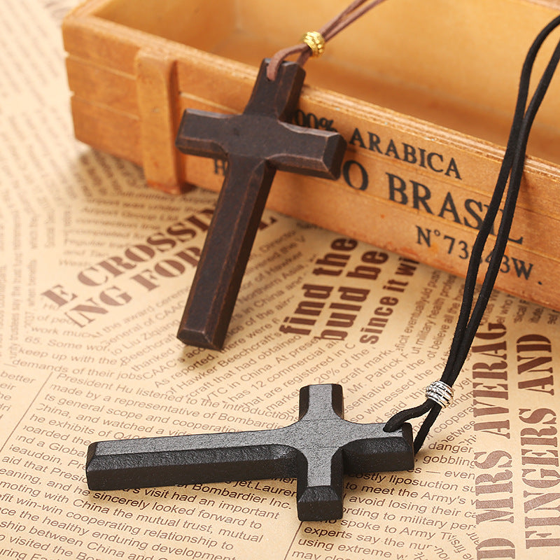 Vintage Wood Cross Leather Necklace