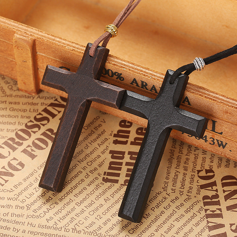 Vintage Wood Cross Leather Necklace