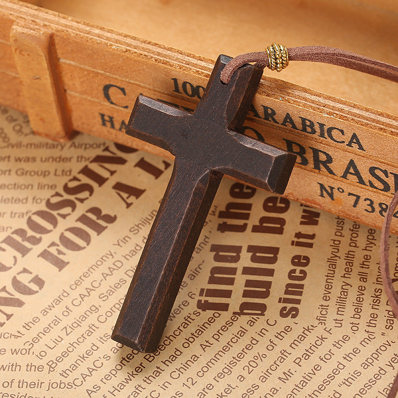 Vintage Wood Cross Leather Necklace