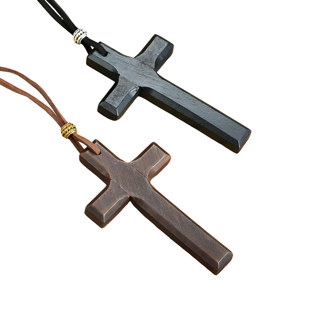 Vintage Wood Cross Leather Necklace
