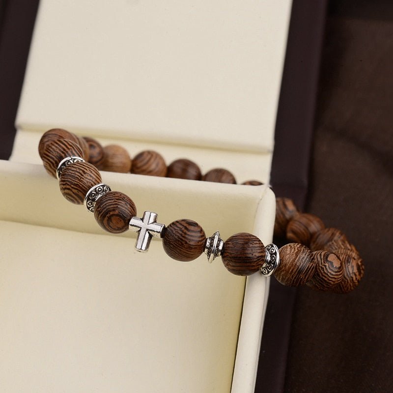 Natural Wood Onyx Bead Cross Prayer Bracelet