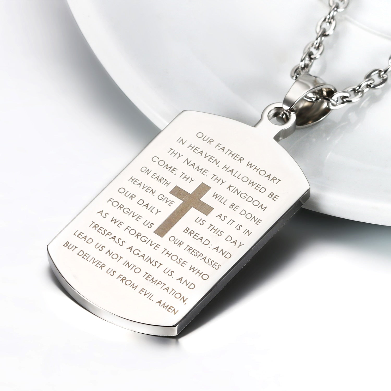 Lord's Prayer Cross Dog Tag Necklace