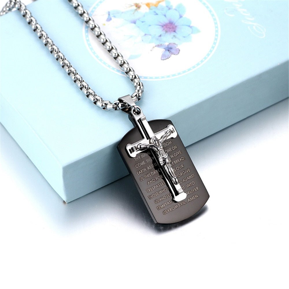 Lord's Prayer Cross Dog Tag Necklace