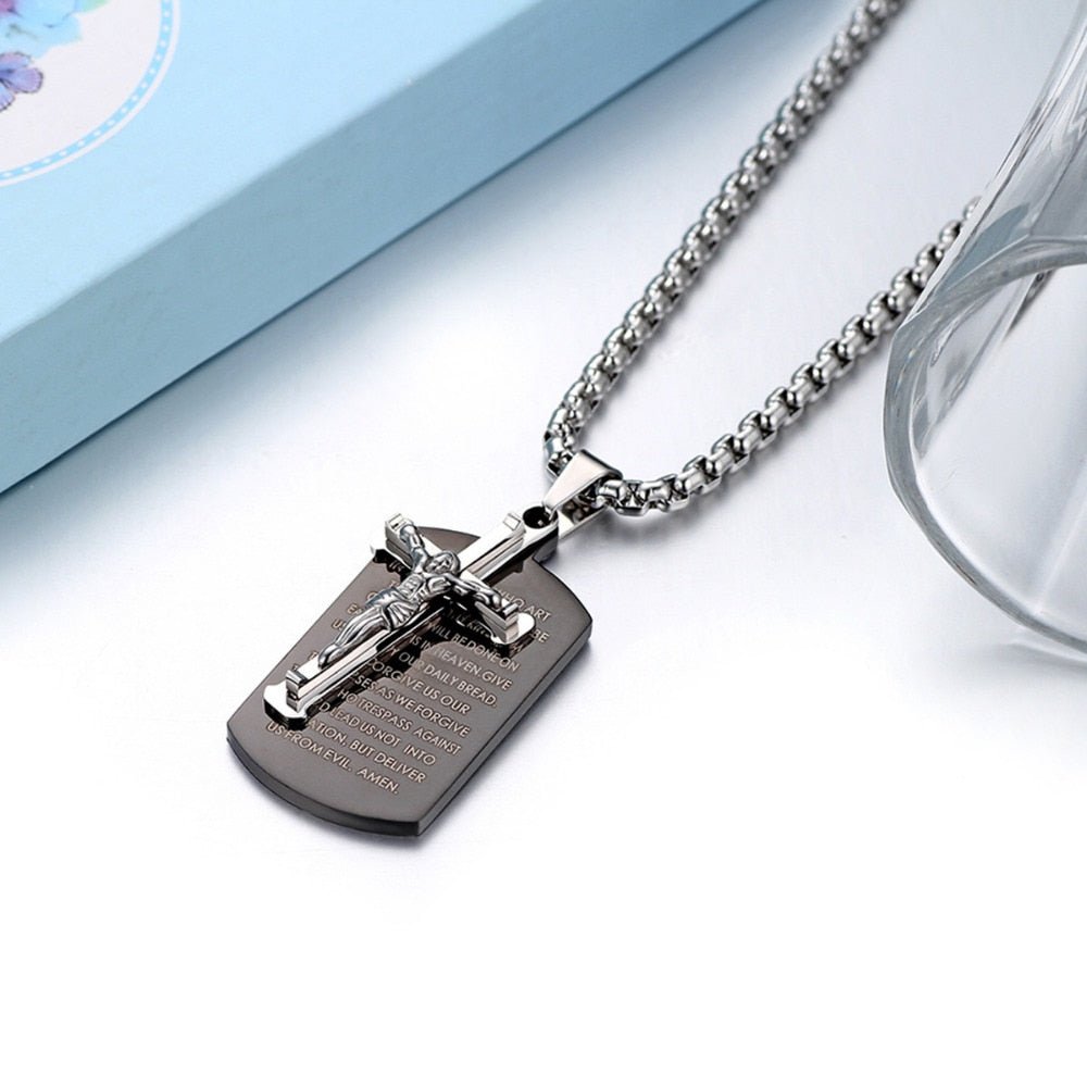 Lord's Prayer Stainless Steel Cross Dog Tag Necklace