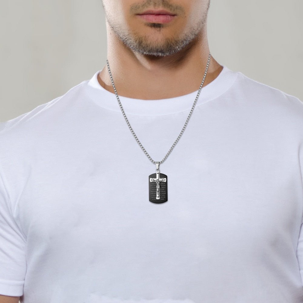 Lord's Prayer Cross Dog Tag Necklace