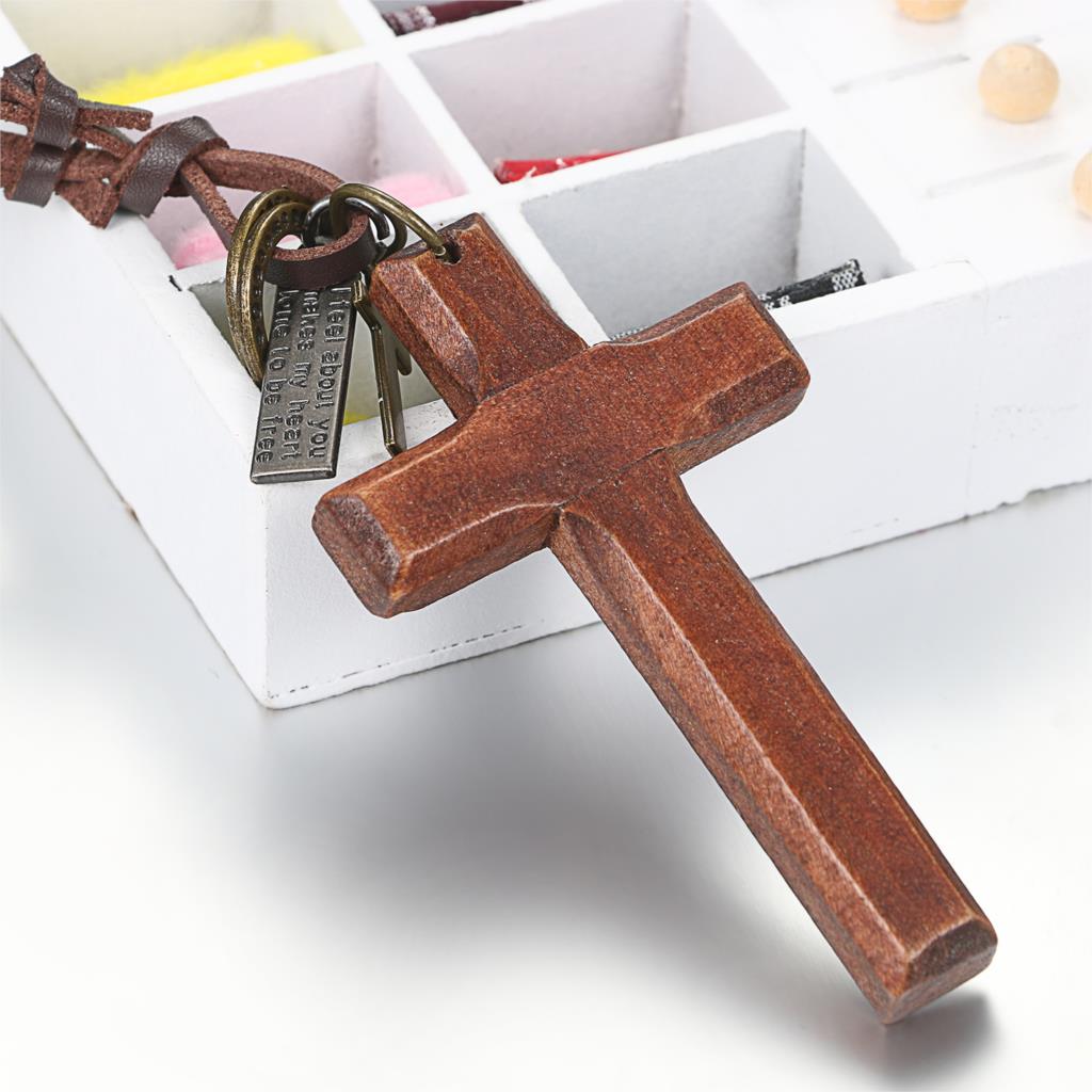 Vintage Wood Cross Leather Necklace