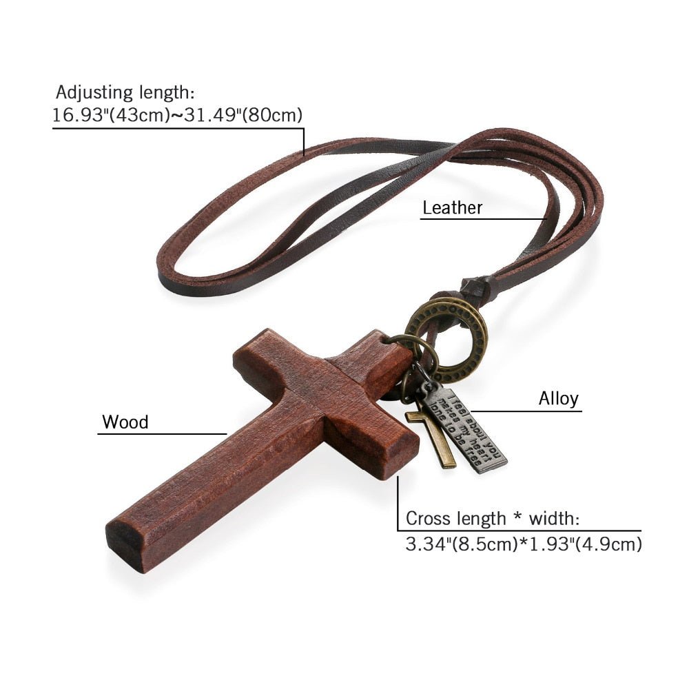 Vintage Wood Cross Leather Necklace