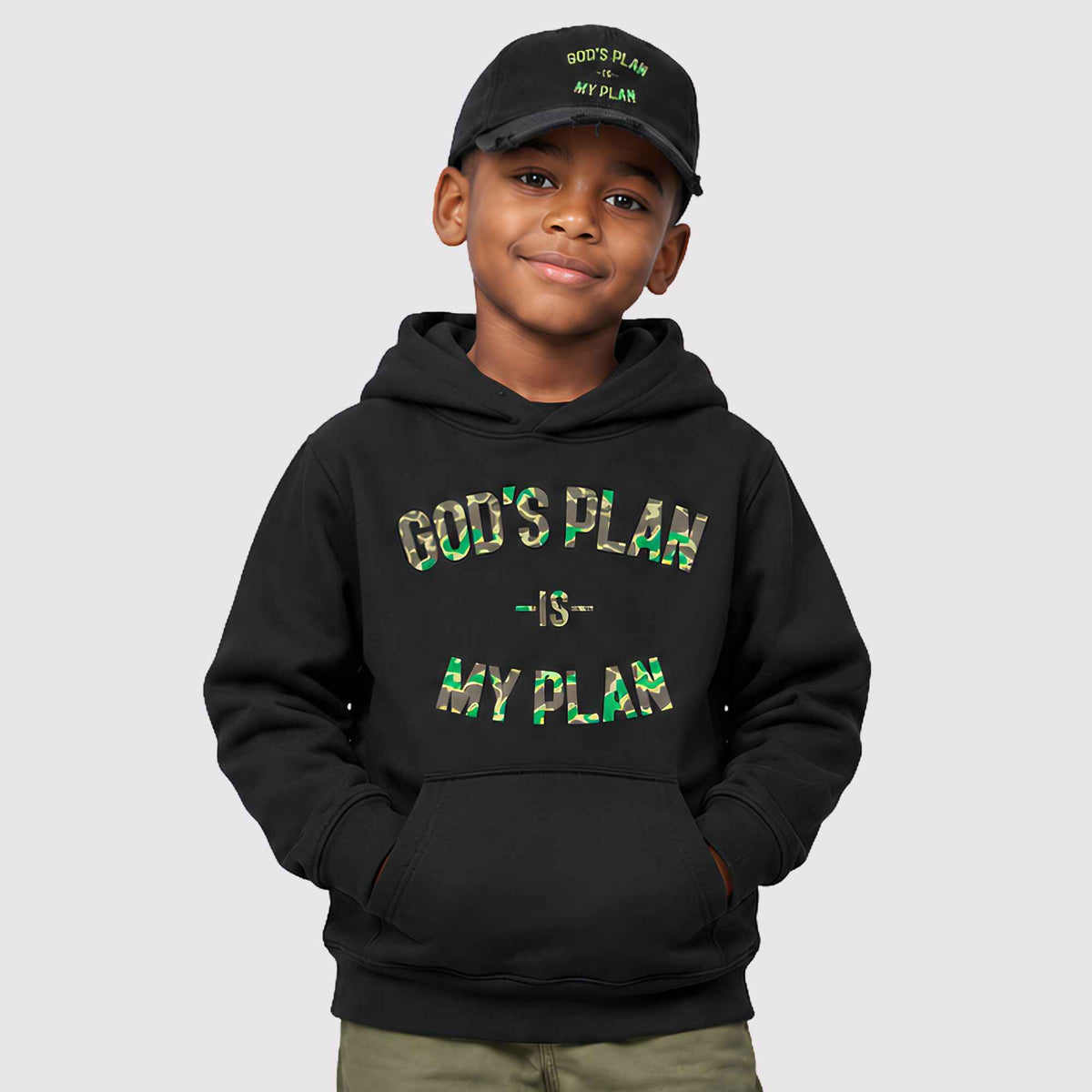 God's Plan My Plan Kids Hoodie & Hat Bundle Camo