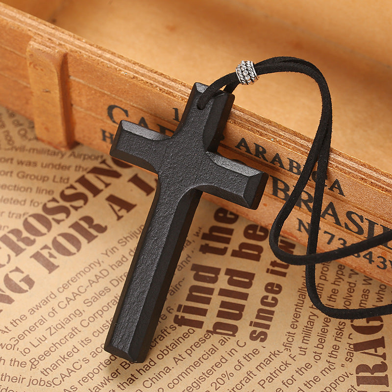 Vintage Wood Cross Leather Necklace