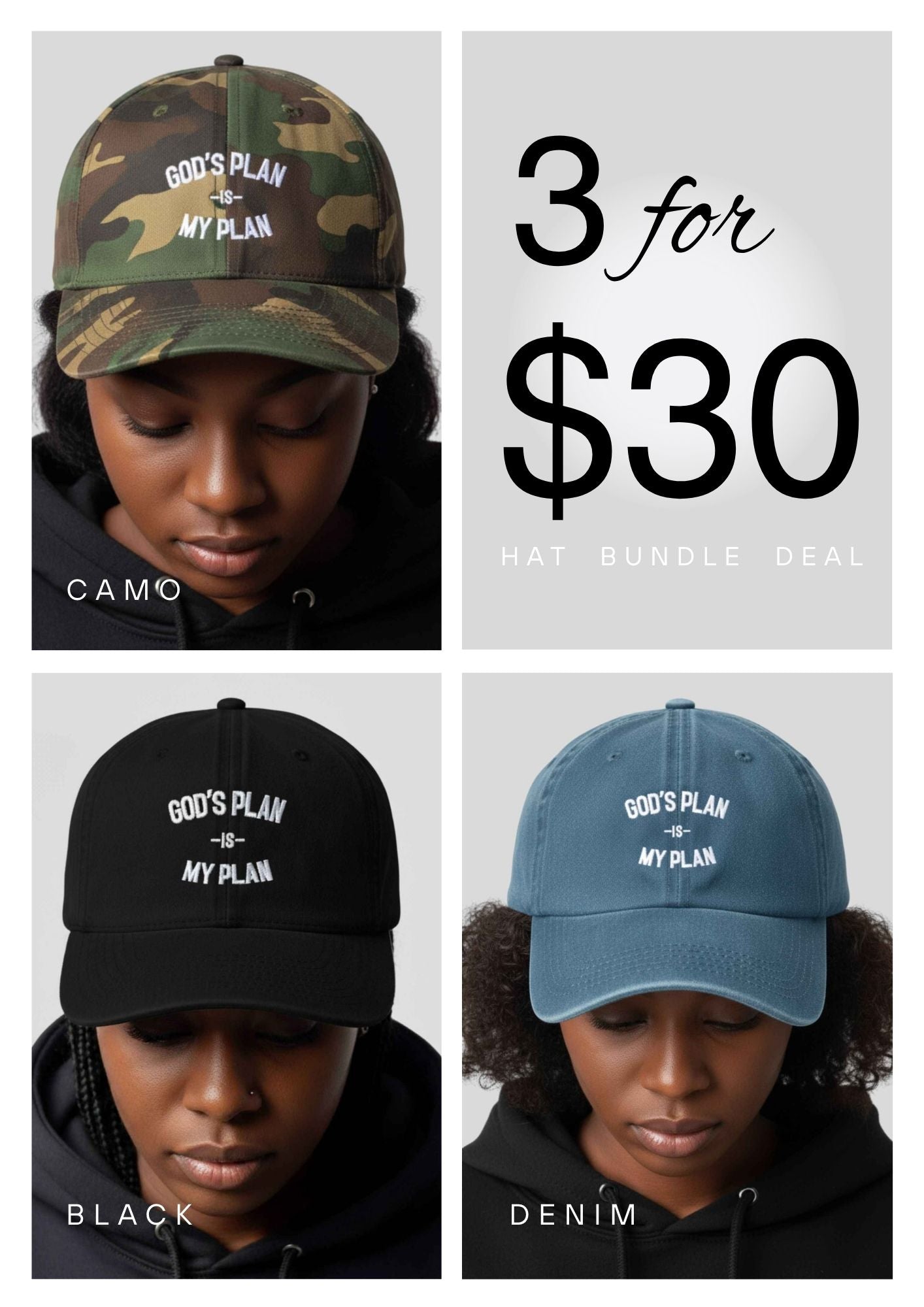 God's Plan My Plan Camo/Denim/Black Dad Hat Bundle