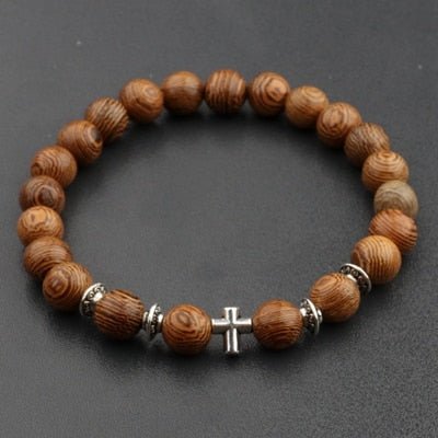 Natural Wood Onyx Bead Cross Prayer Bracelet