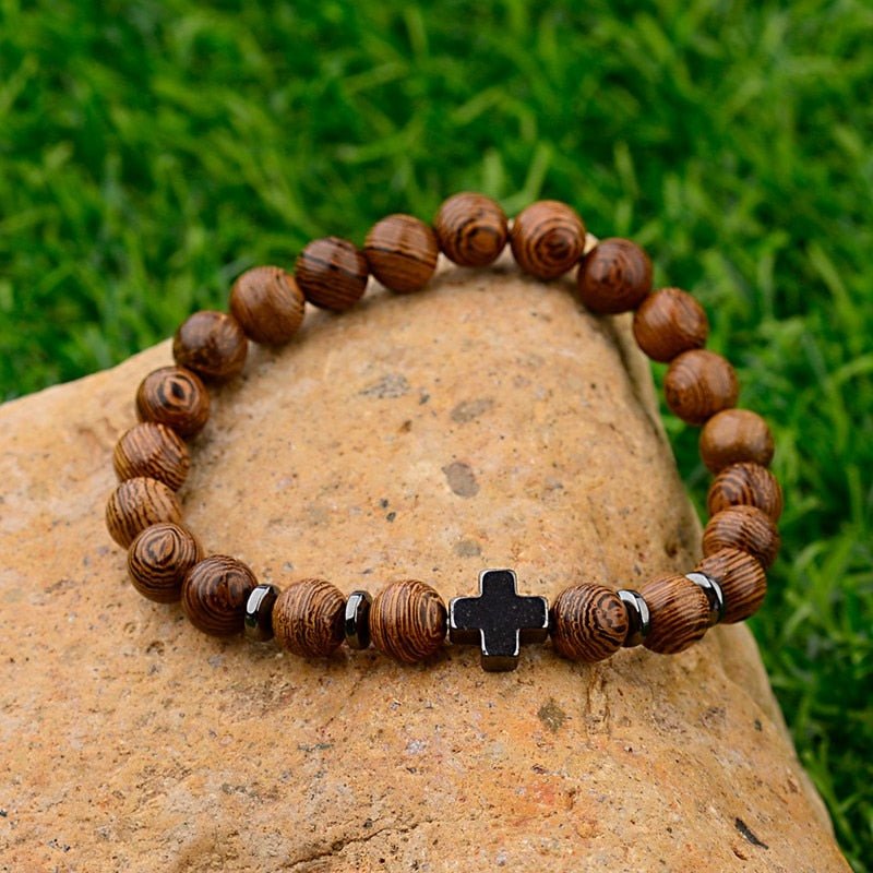 Natural Wood Onyx Bead Cross Prayer Bracelet