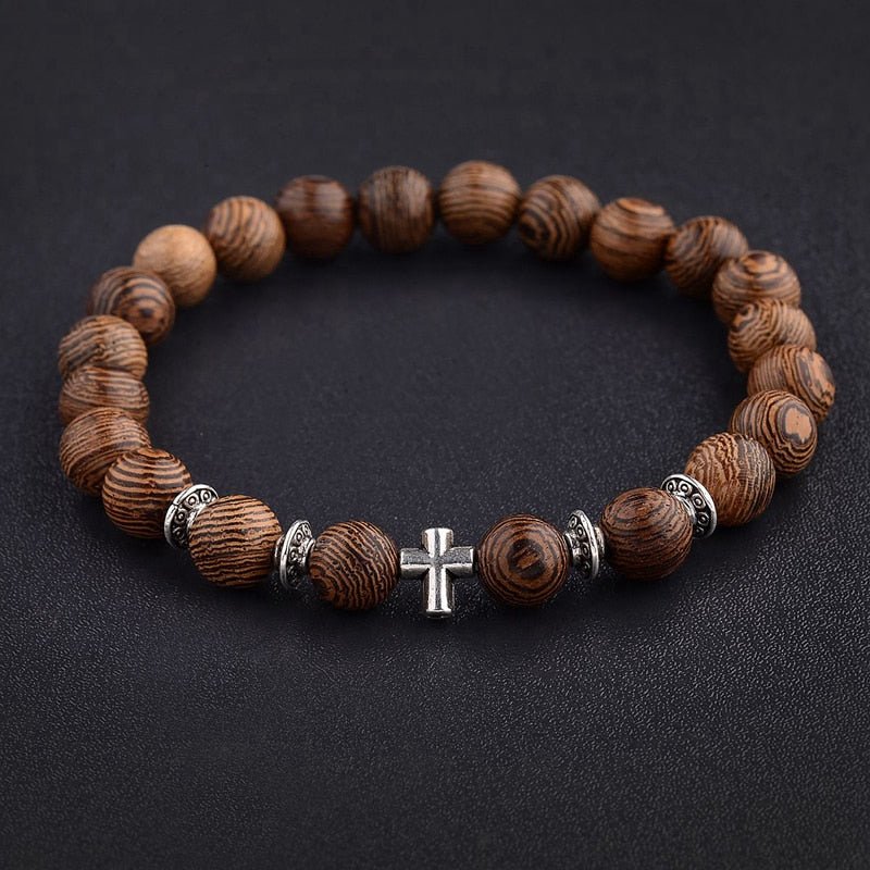 Natural Wood Onyx Bead Cross Prayer Bracelet