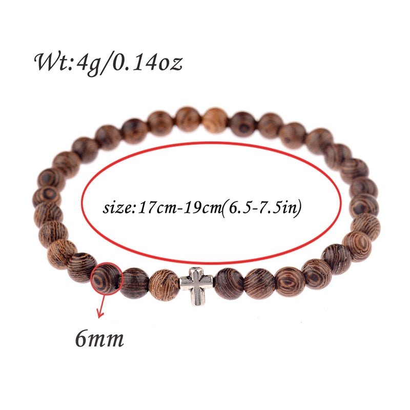 Natural Wood Onyx Bead Cross Prayer Bracelet