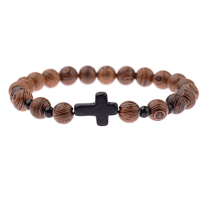 Natural Wood Onyx Bead Cross Prayer Bracelet