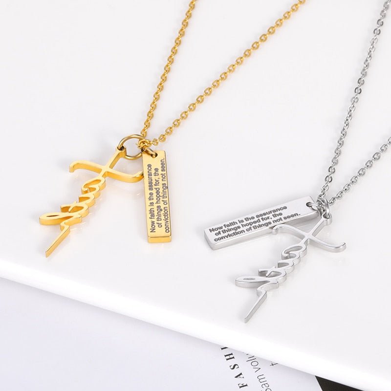 Cross Faith Engraved Bar Pendant Necklace