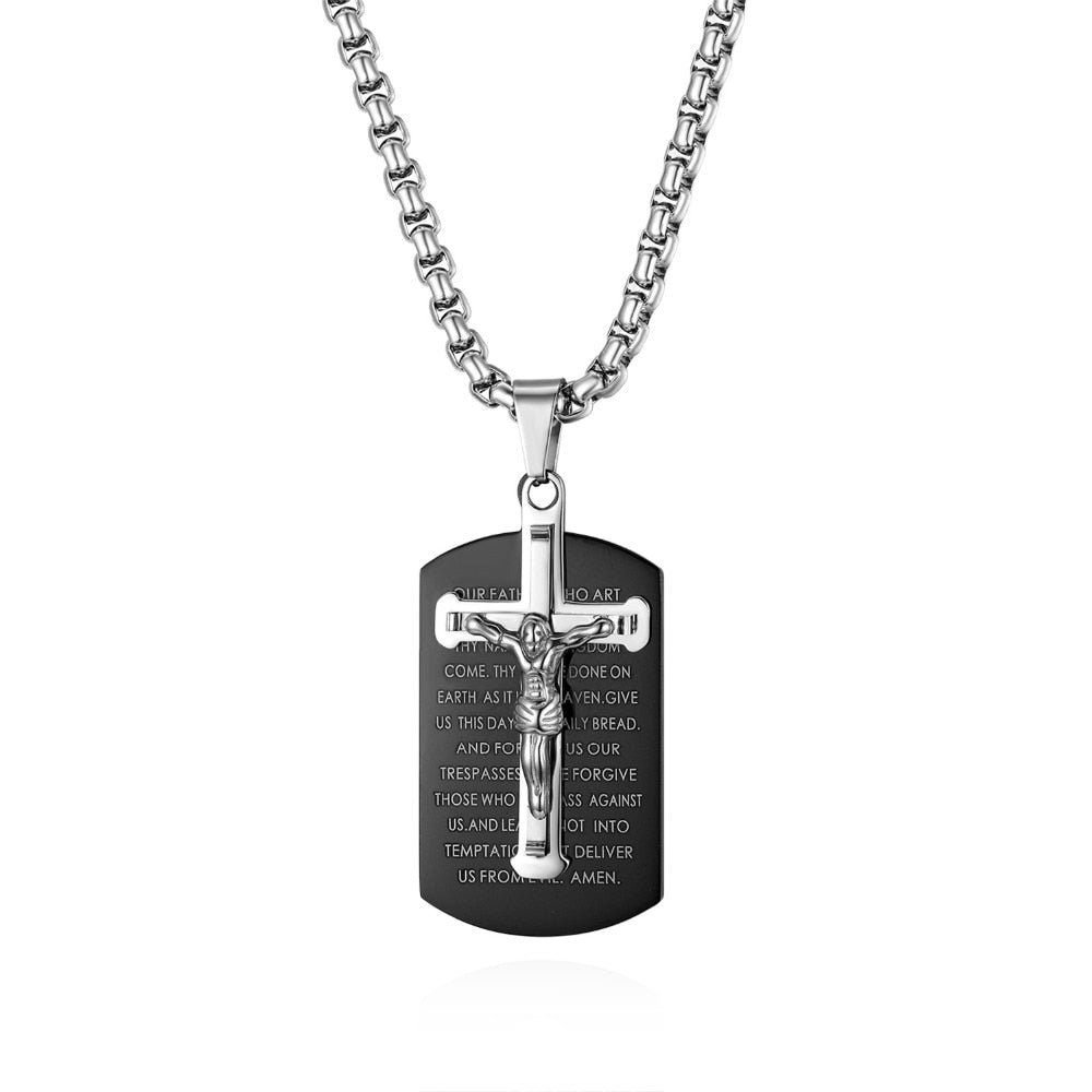 Lord's Prayer Stainless Steel Cross Dog Tag Necklace