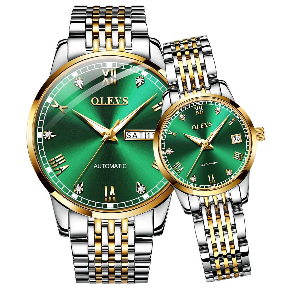 OLEVS Stainless Steel Mechanical Couples Watch Set