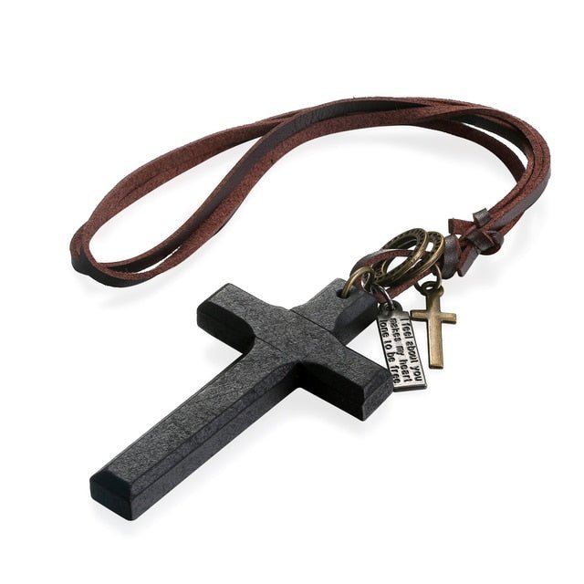 Vintage Wood Cross Adjustable Leather Necklace