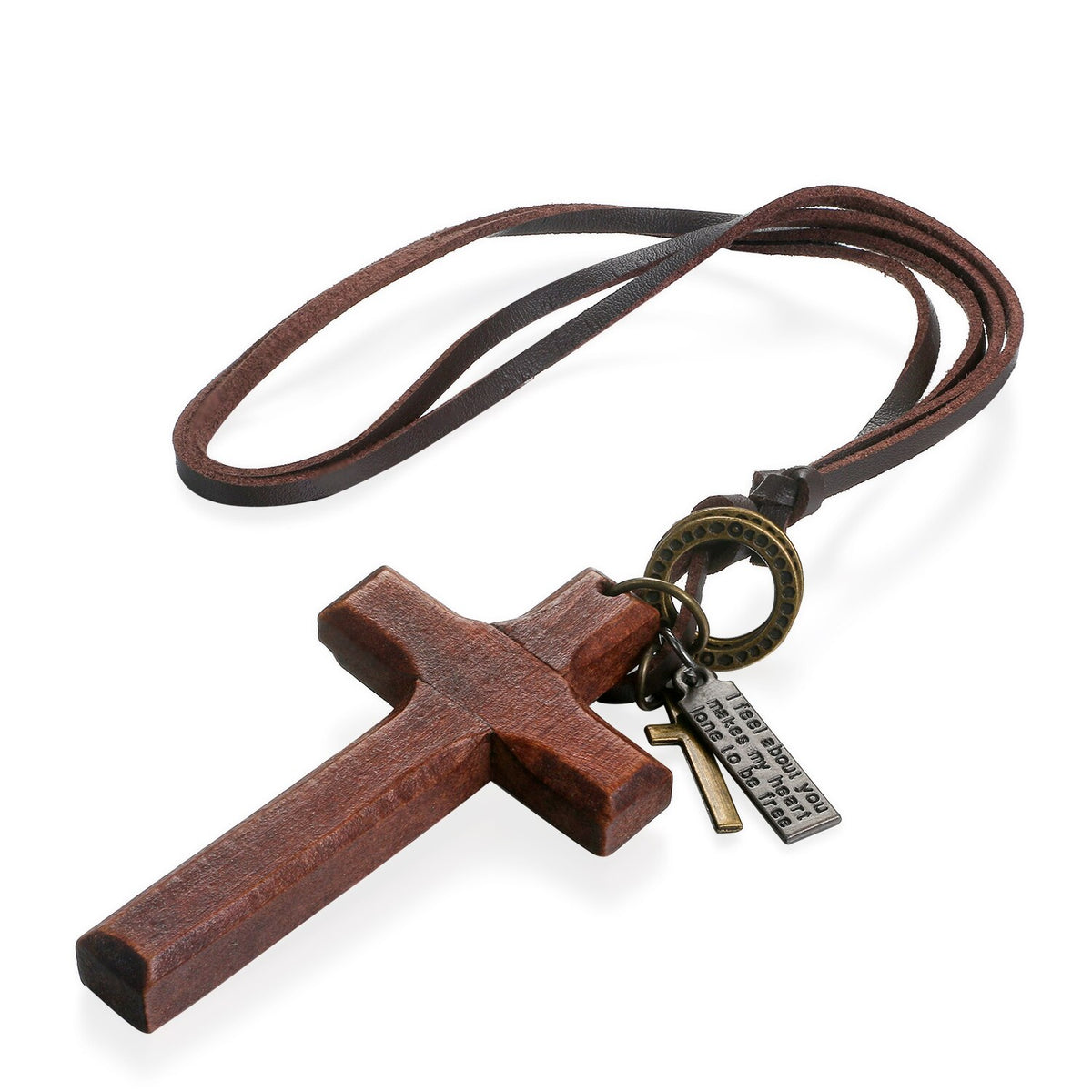 Vintage Wood Cross Adjustable Leather Necklace Brown & Black Set
